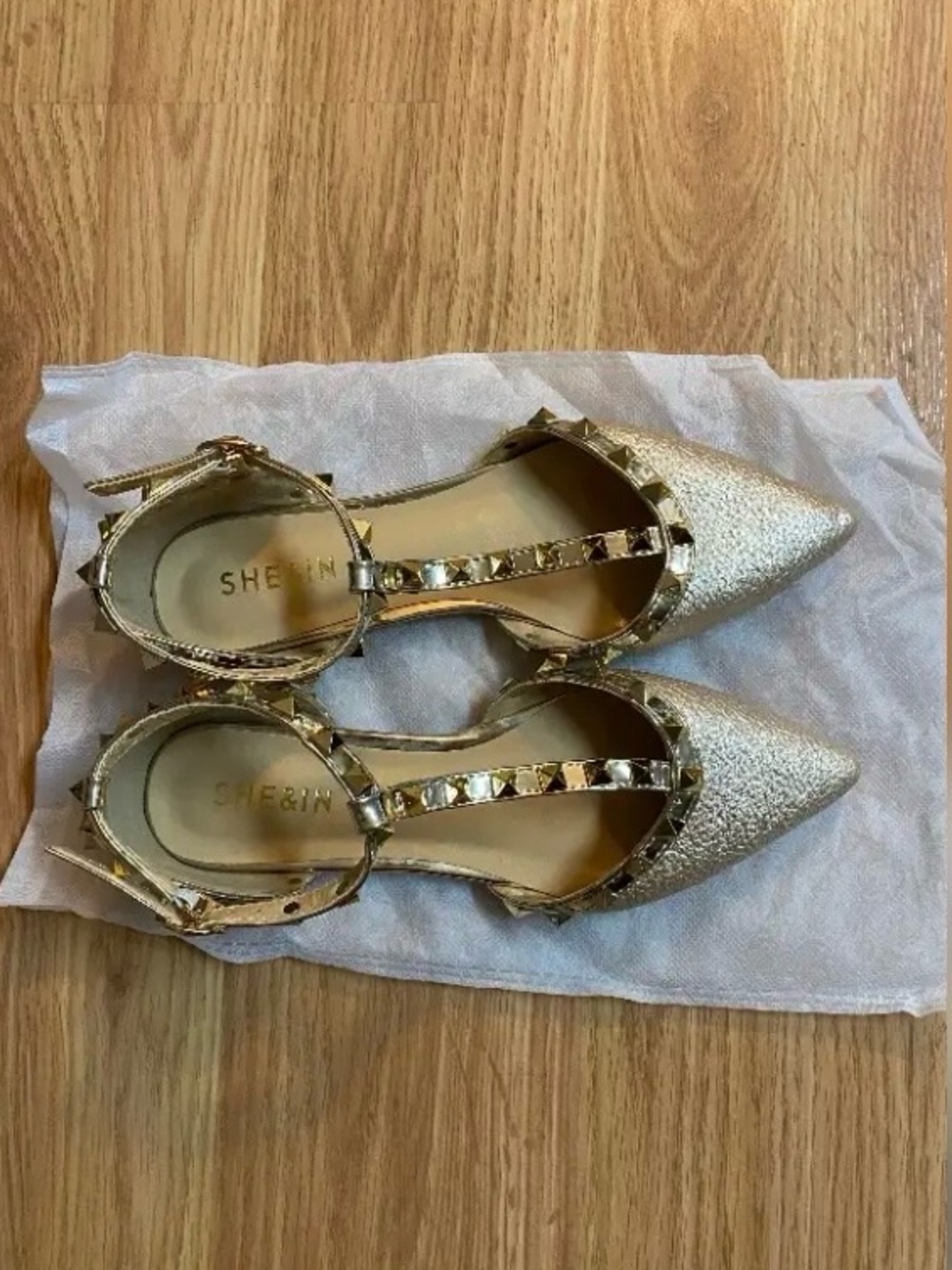 SHEIN Metallic Gold Pointed T-Strap Studded Flats